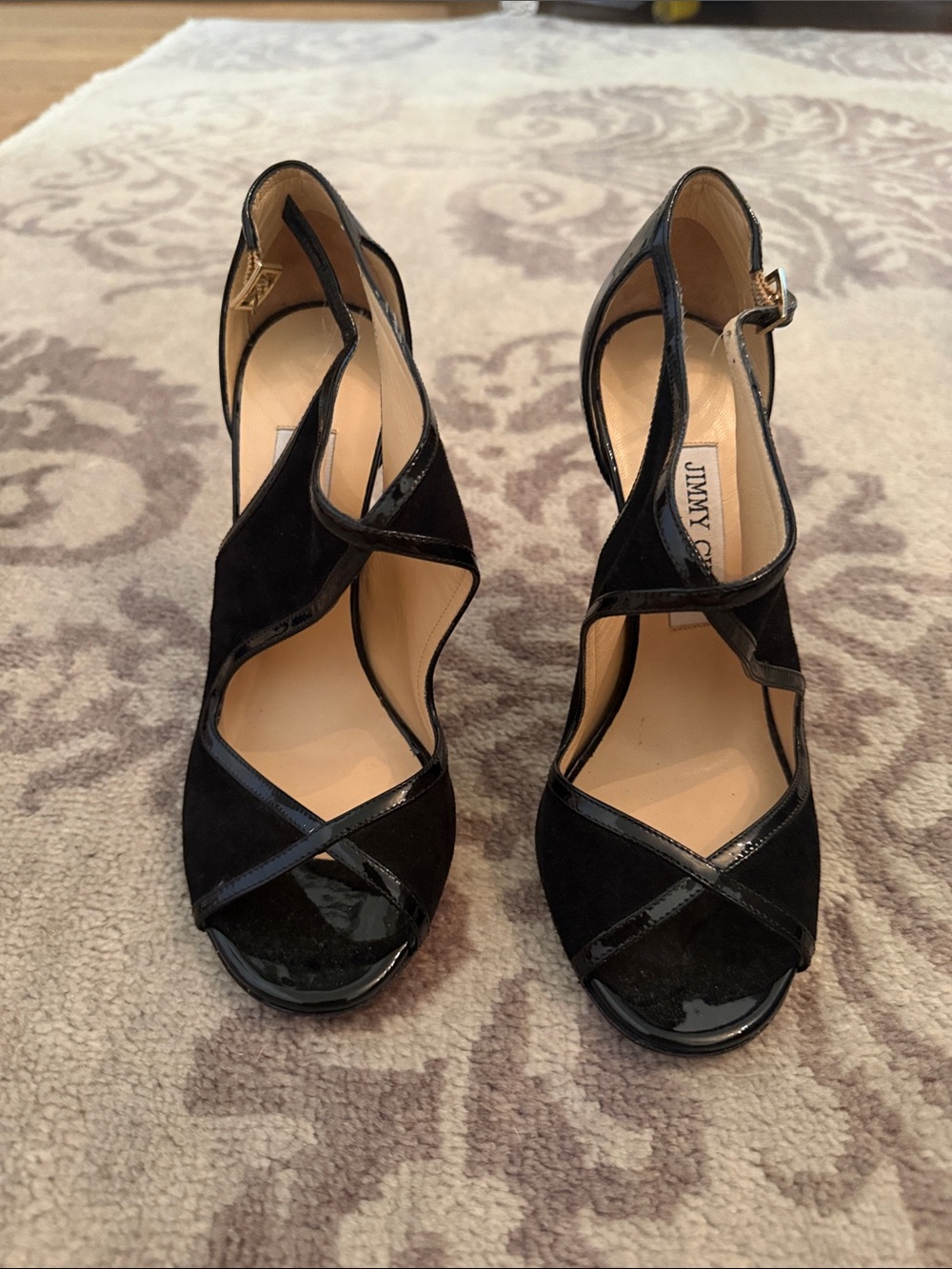 Jimmy Choo Black Patent and Black Suede Stiletto Pumps